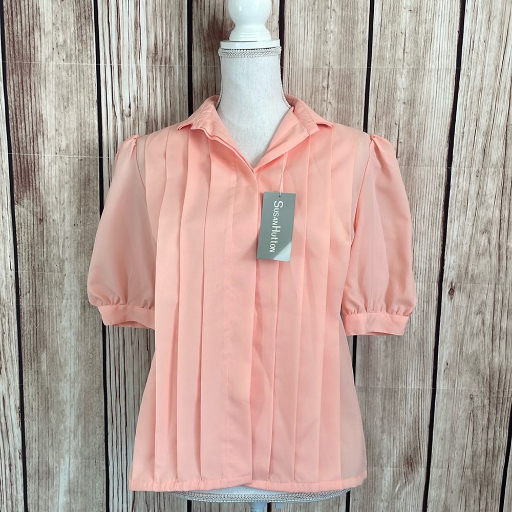 Susan Hutton Vintage Vibrant Lightweight Coral Pink Blouse w/Puffy Sleeves